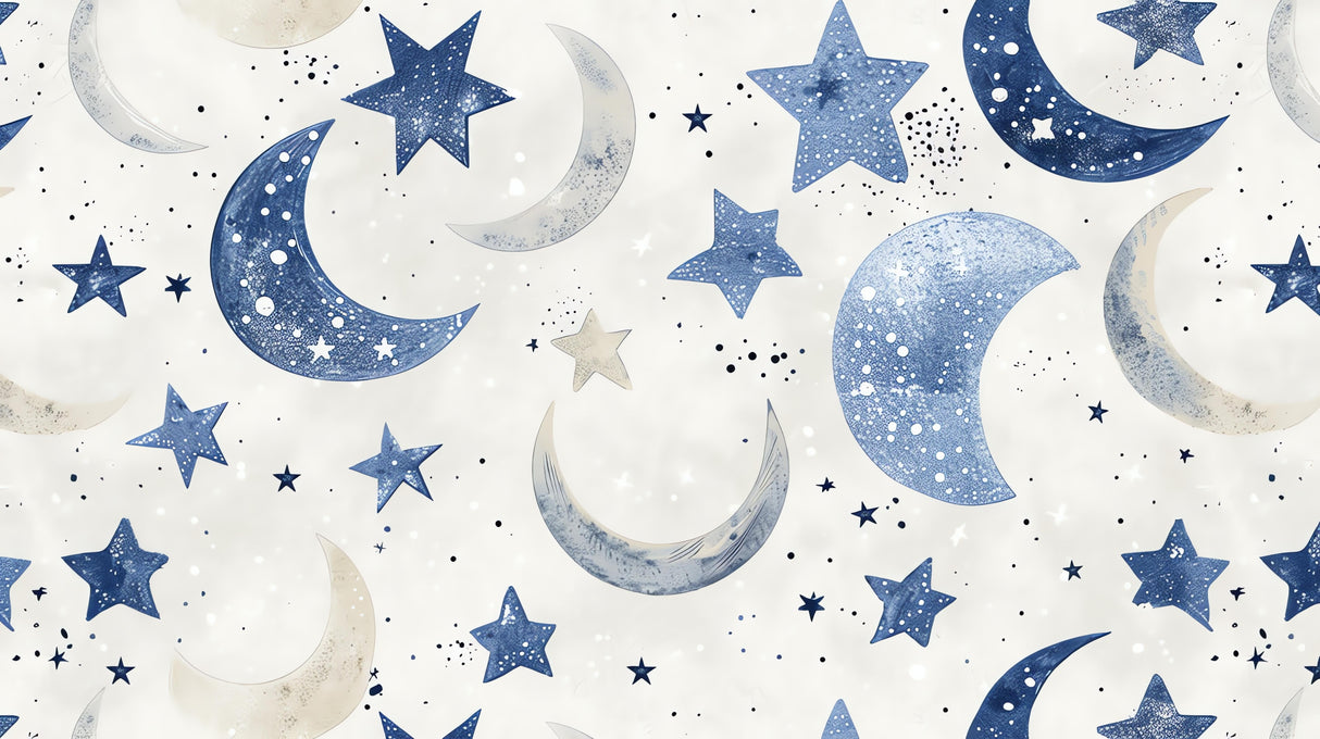 Design file showing detailed blue watercolor moons and stars pattern