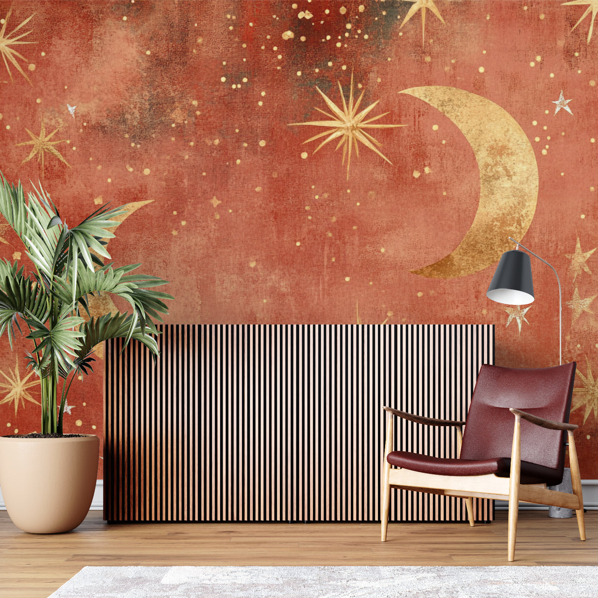 Celestial wallpaper mural in cozy bedroom with soft lighting highlighting golden moons and stars