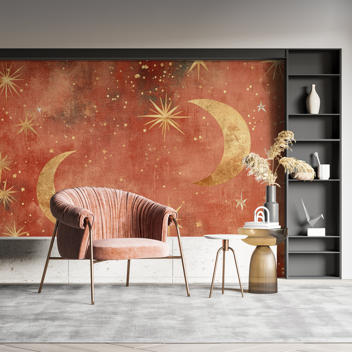 Terracotta moon and stars wallpaper creating warmth in modern living room
