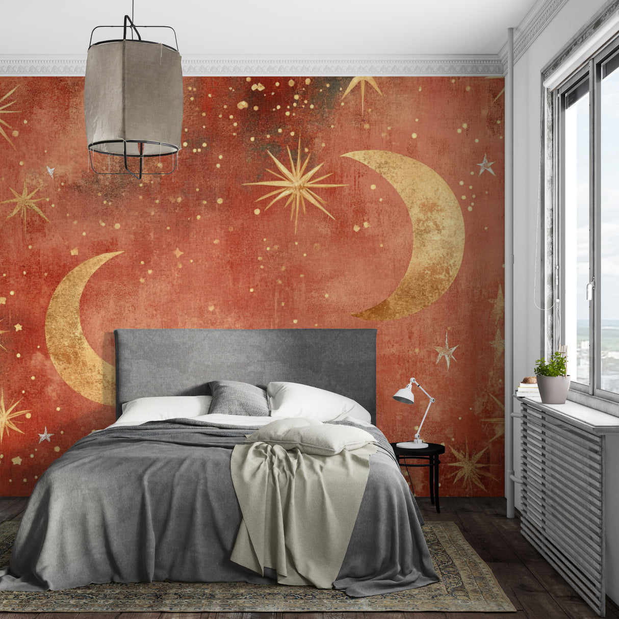 Cosmic wall mural in meditation space with evening sunlight
