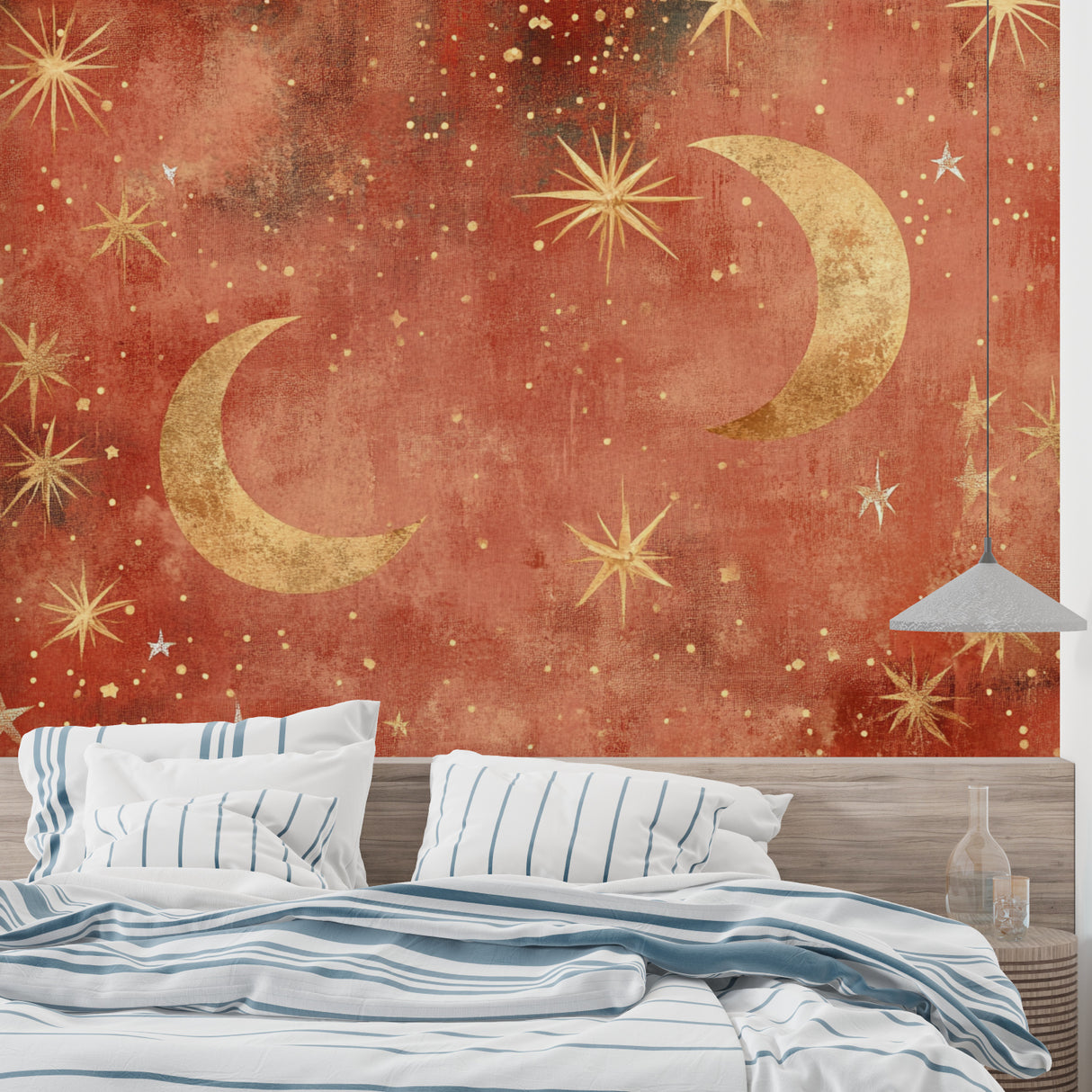 Celestial mural wallpaper in nursery with gentle lighting