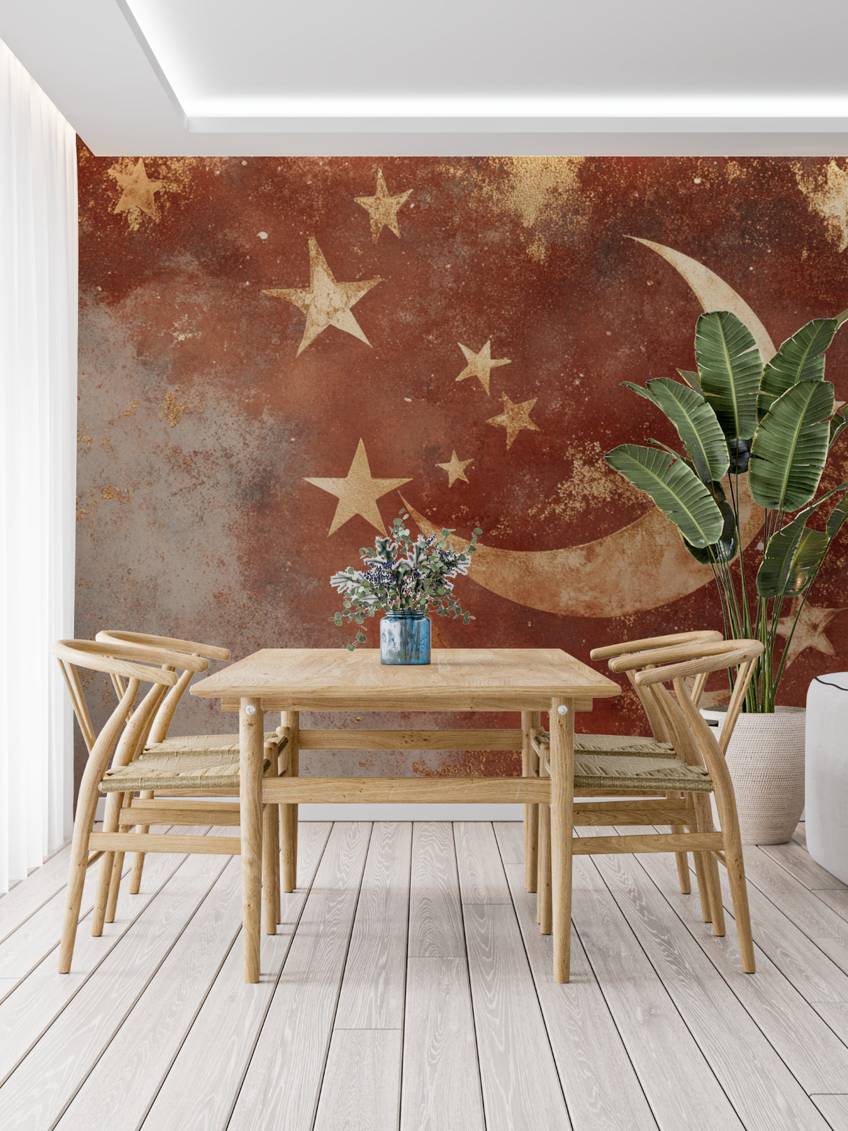 Celestial wallpaper with moon and stars creating a cozy atmosphere in a modern bedroom