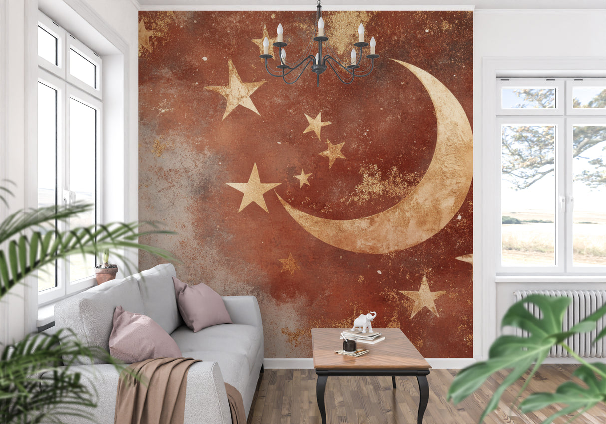 Terracotta moon wallpaper bringing warmth to a minimalist living room