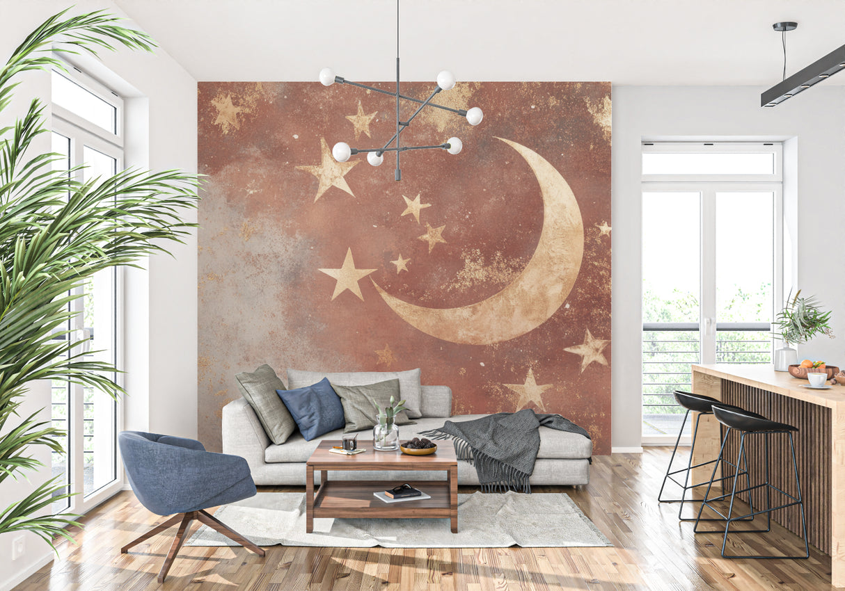 Moon and stars mural creating magic in a child's reading nook