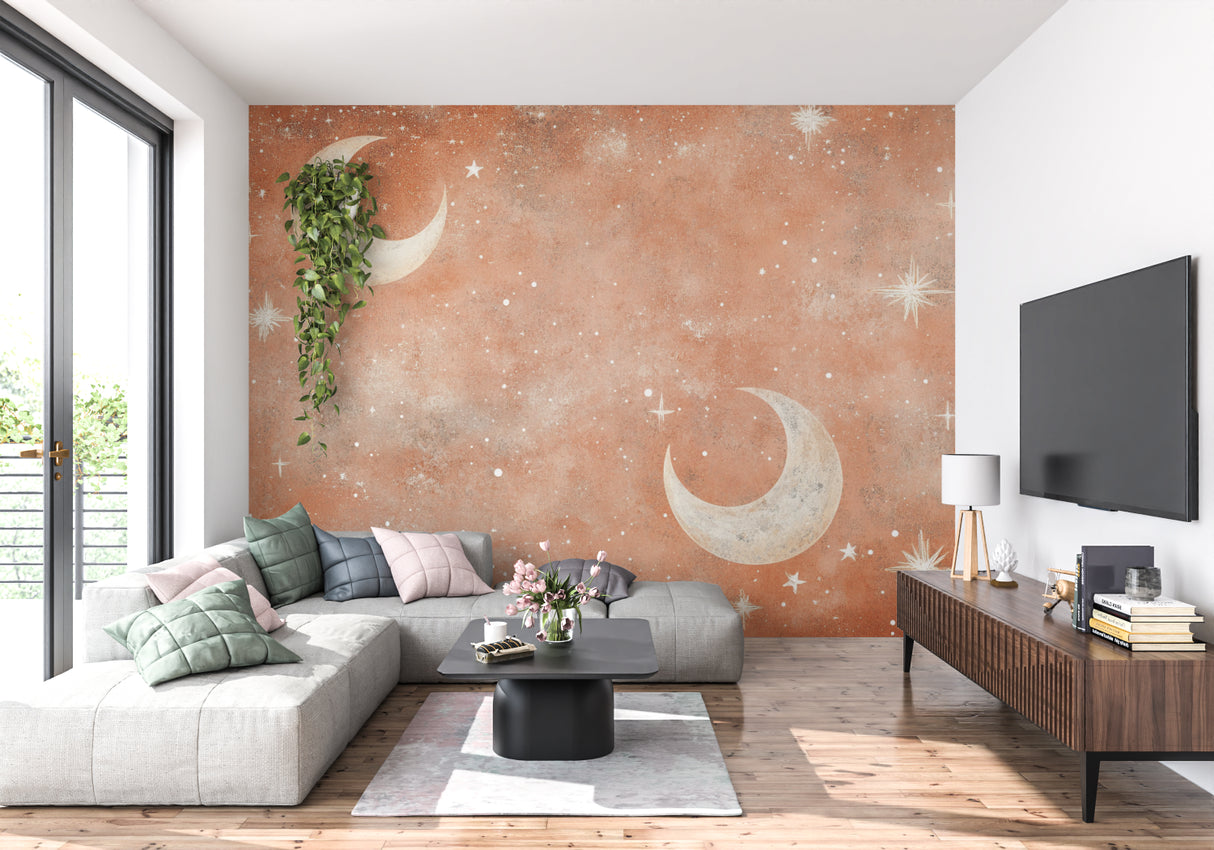 Celestial moon and stars wallpaper in cozy bedroom with soft lighting creating peaceful atmosphere