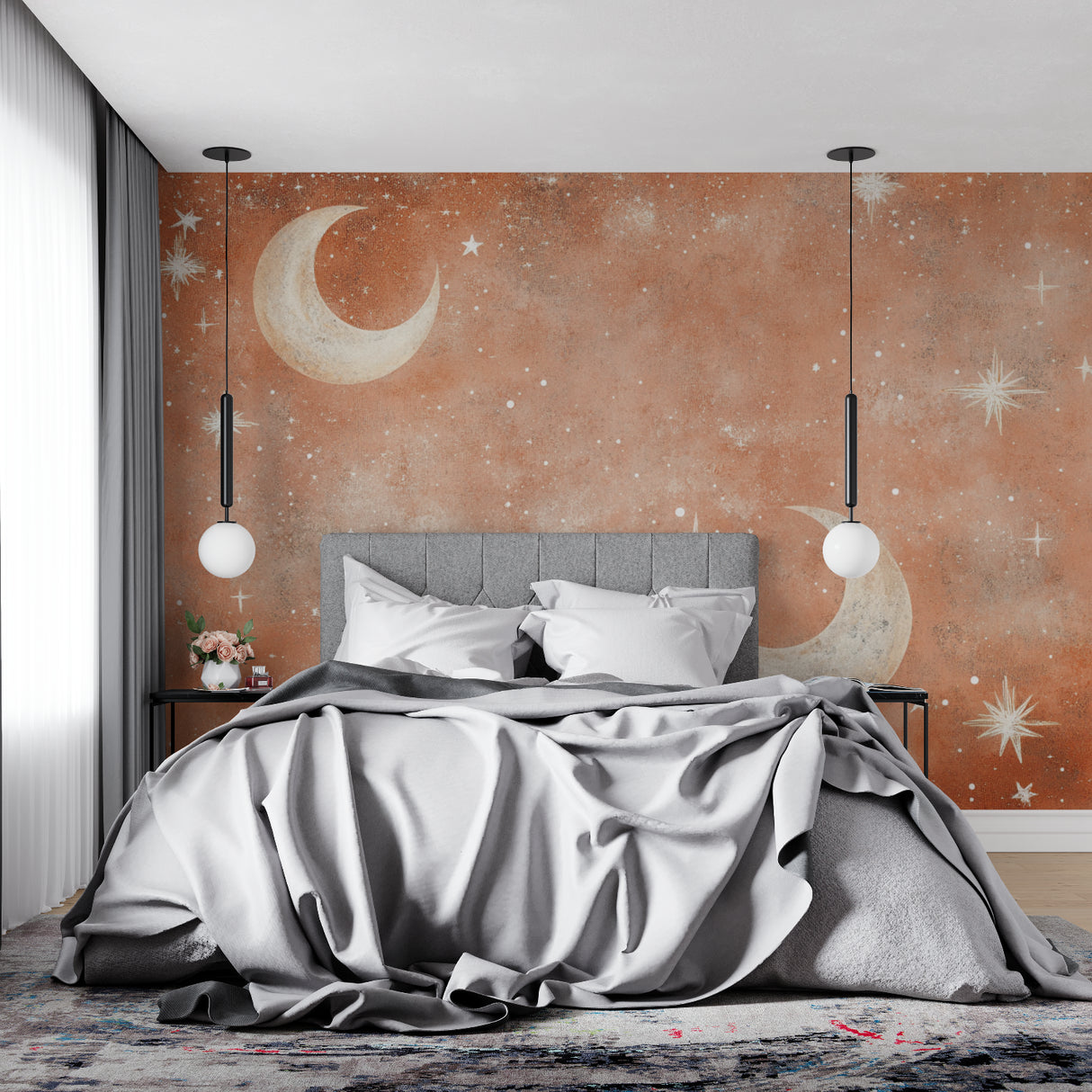 Terracotta celestial wallpaper in modern living room with minimal furniture