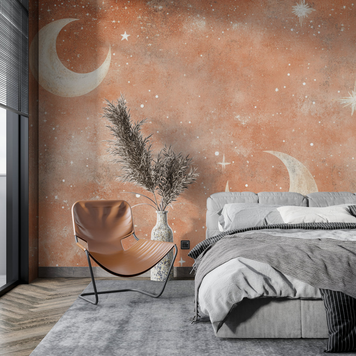Celestial wallpaper creating calm atmosphere in meditation room