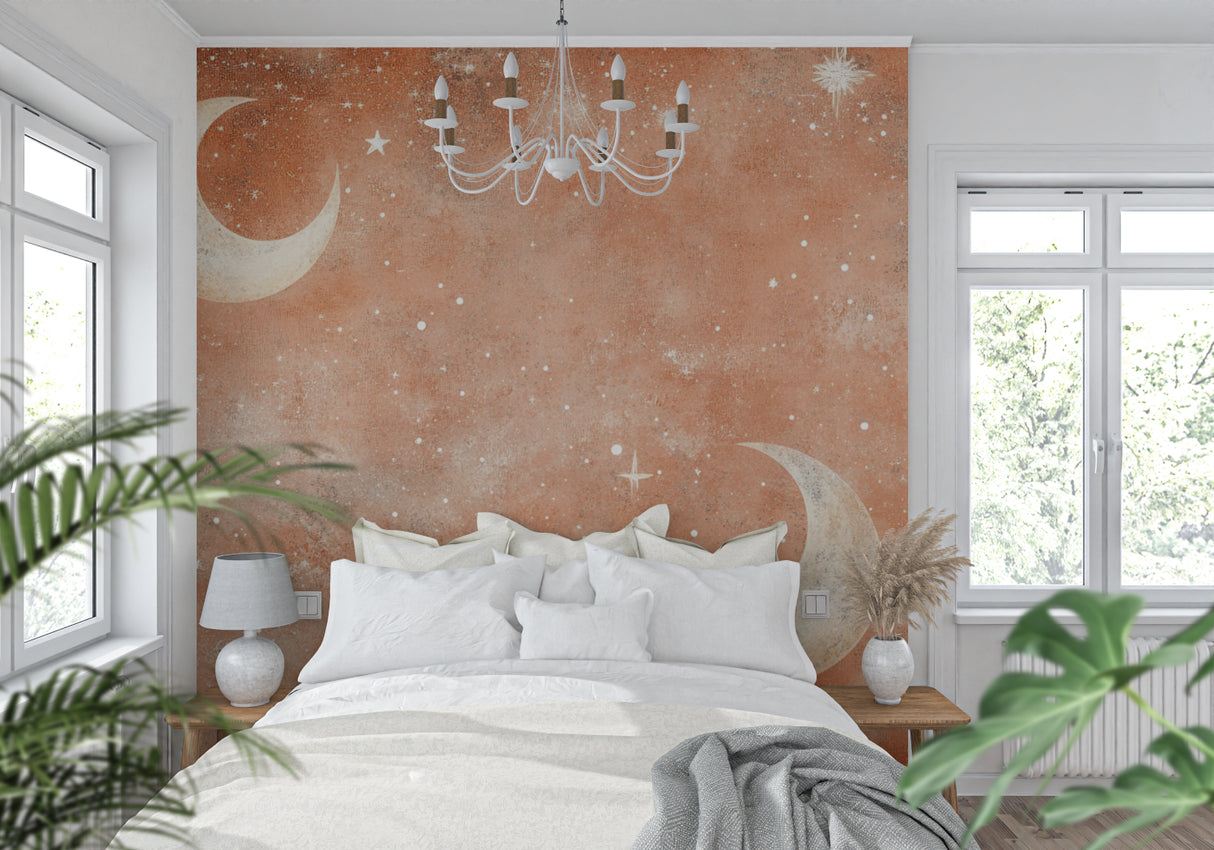 Terracotta moon wallpaper in reading nook with warm lighting