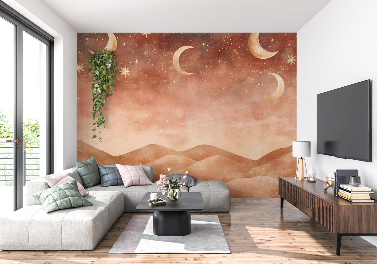 Moon and stars mural bringing magic to a reading nook with plush seating