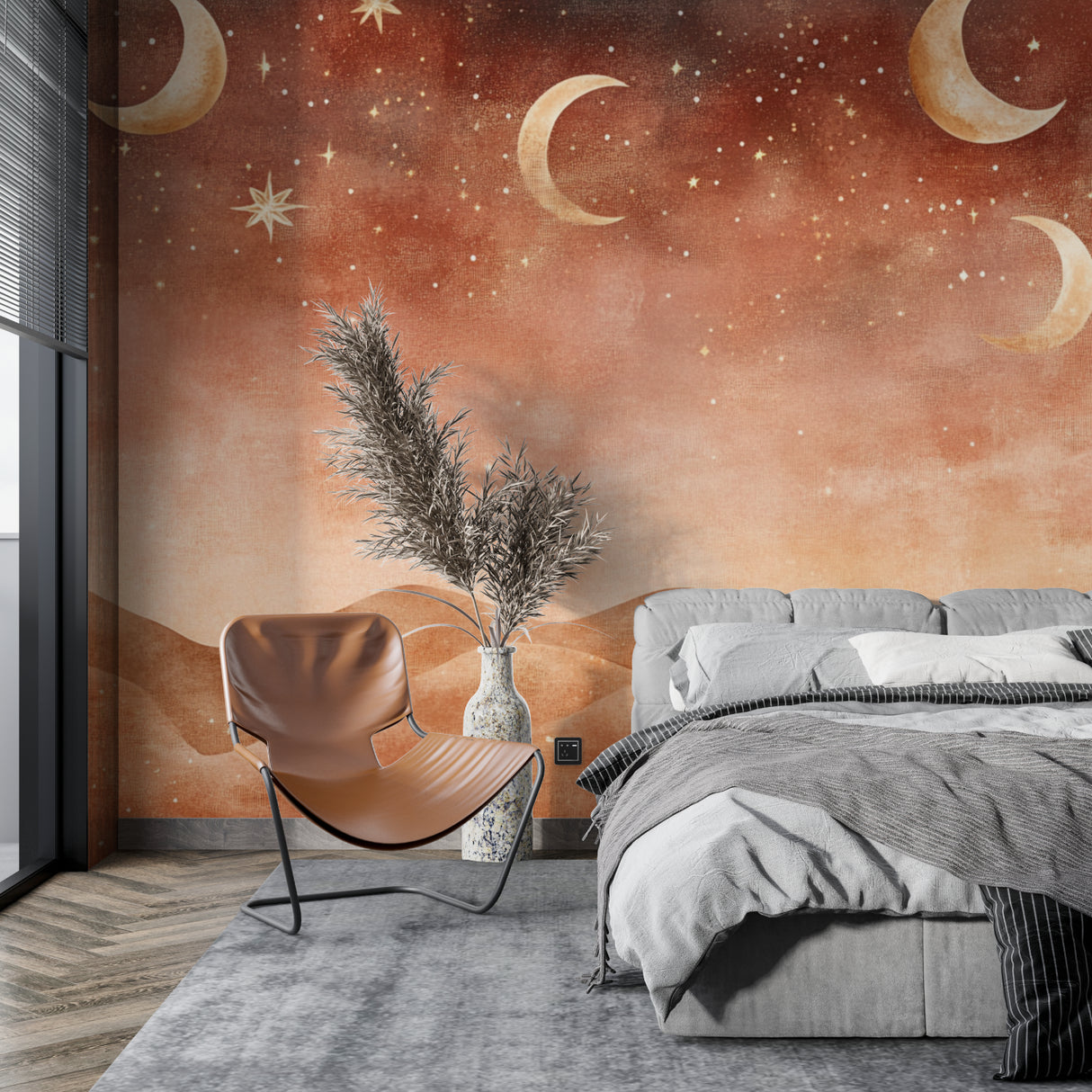 Celestial wallpaper transforming a home office into a peaceful workspace