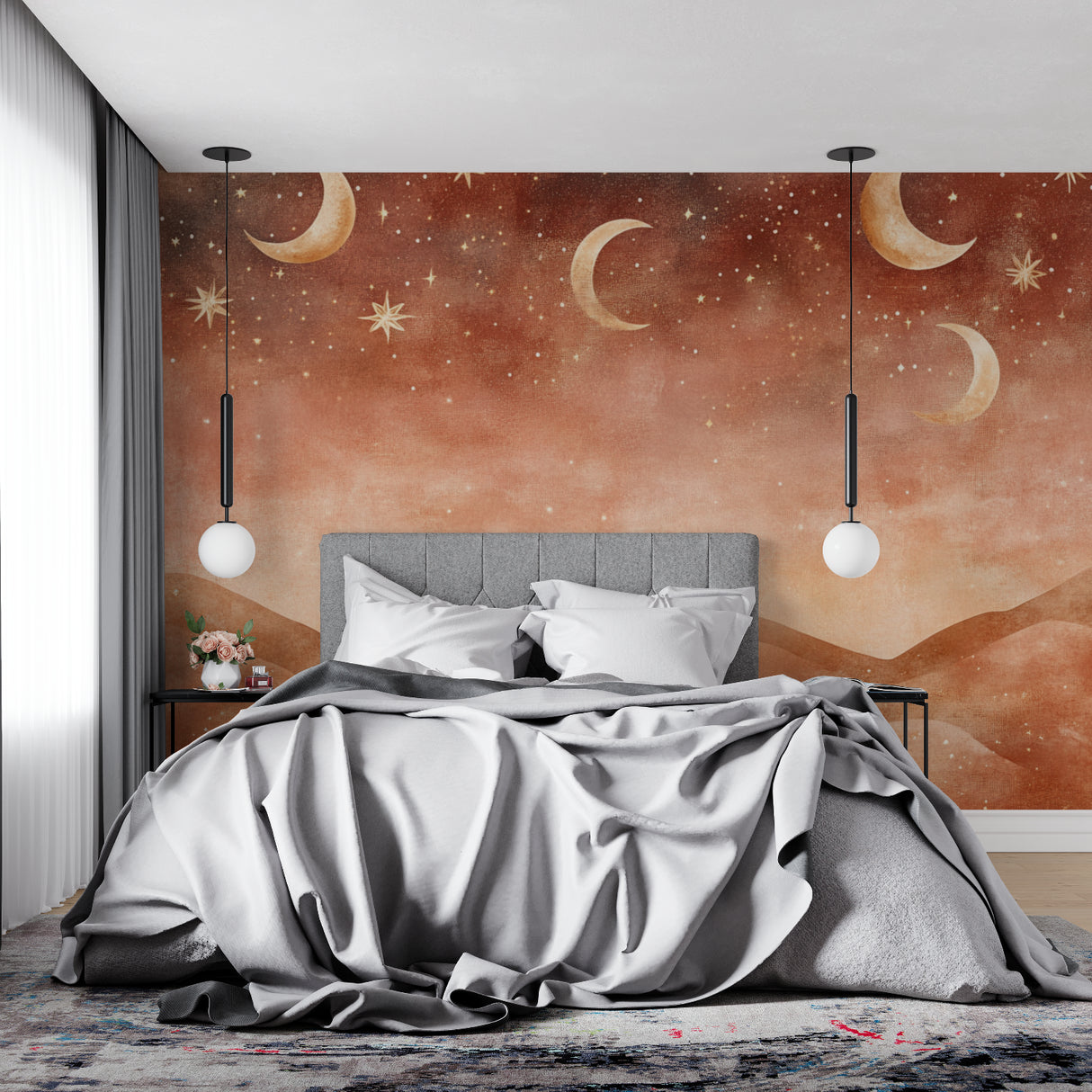 Terracotta sky mural creating ambiance in a meditation room setting