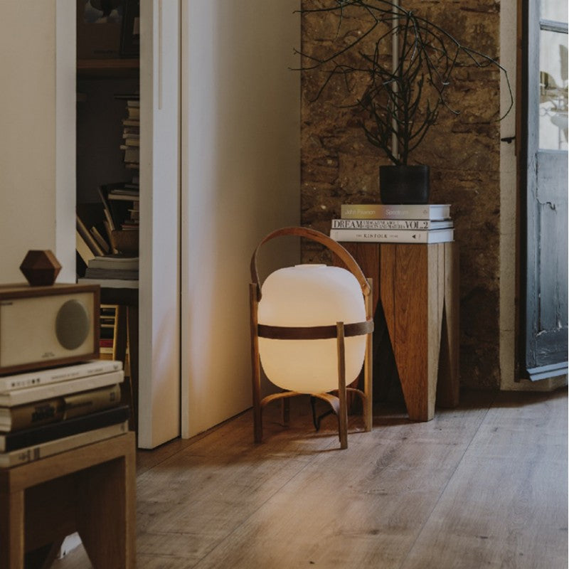 Vintage Table Lamp Wooden Basket Frame With Opal Glass - Detailed view