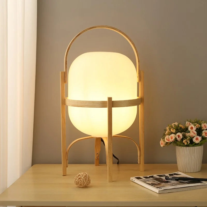 Vintage Table Lamp Wooden Basket Frame With Opal Glass - Product detail 10
