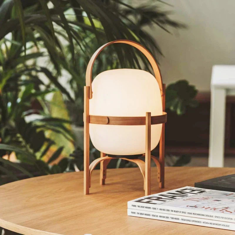 Vintage Table Lamp Wooden Basket Frame With Opal Glass - Product example