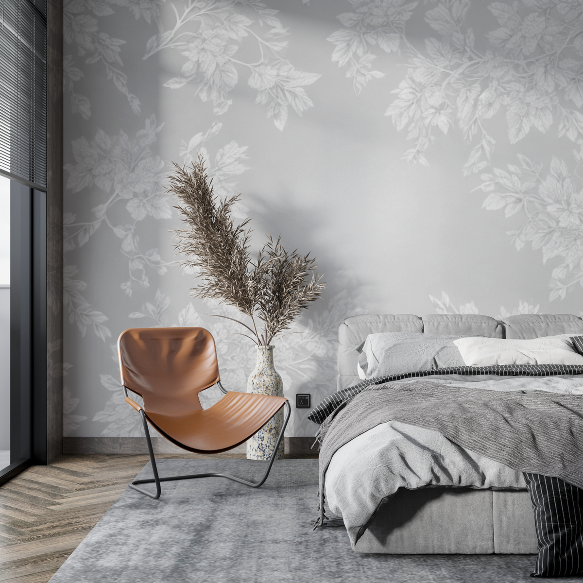 Floral Mural Wallpaper | Elegant Grey Leaf Pattern