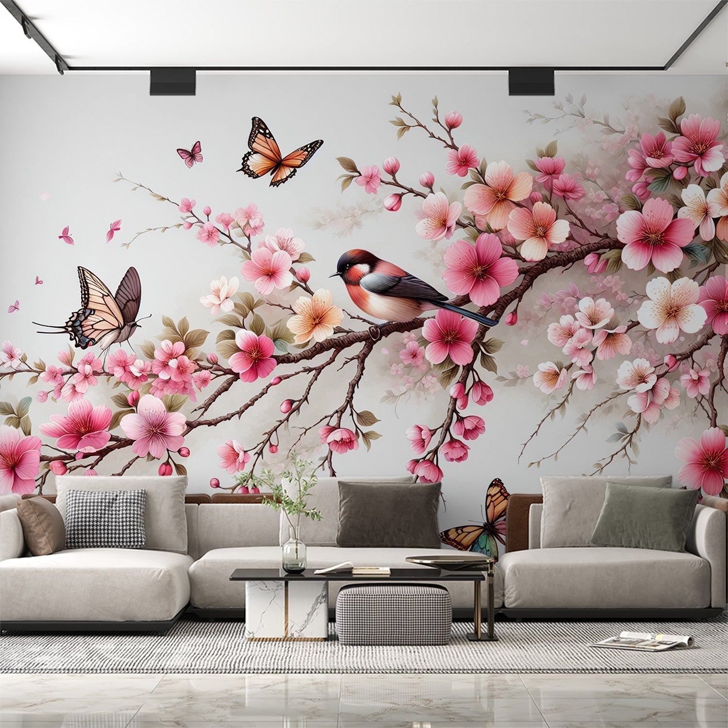 Cherry blossom wallpaper creating a peaceful atmosphere in a bright living room with natural light highlighting the pink petals