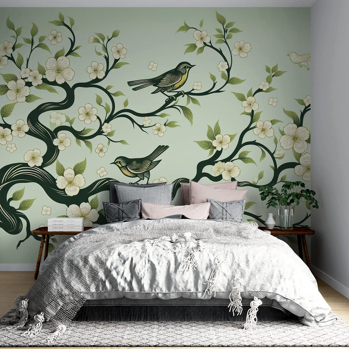 Cherry blossom wallpaper with birds bringing spring charm to a bright living room with green accents