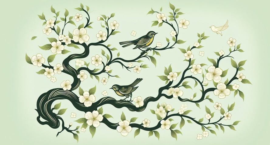 Cherry blossom wallpaper design file showing detailed birds and green floral pattern
