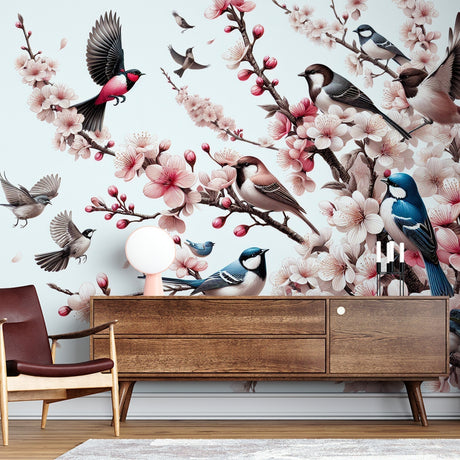 Cherry blossom wallpaper with birds creating a peaceful atmosphere in a bright modern bedroom with natural light