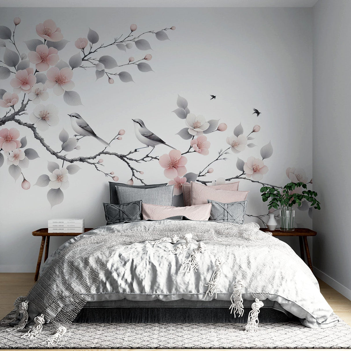 Cherry blossom wallpaper with birds creating a peaceful atmosphere in a bright master bedroom with minimal furniture
