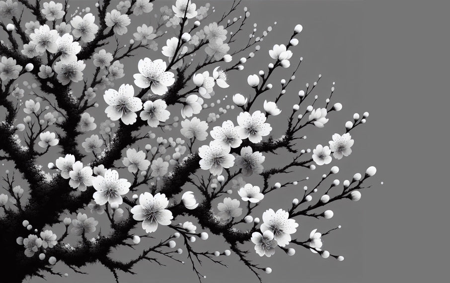 Japanese Cherry Blossom wallpaper design file showing detailed black and white sakura pattern
