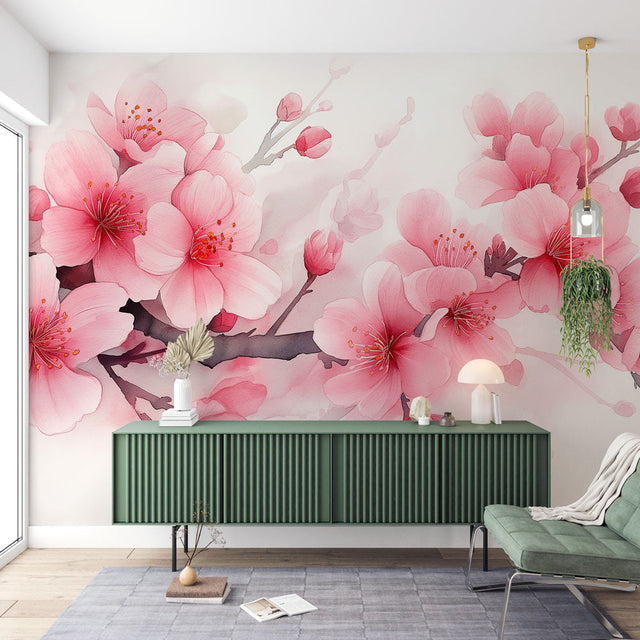 Cherry Blossom Mural Wallpaper creating a serene atmosphere in a modern bedroom with soft pink floral details