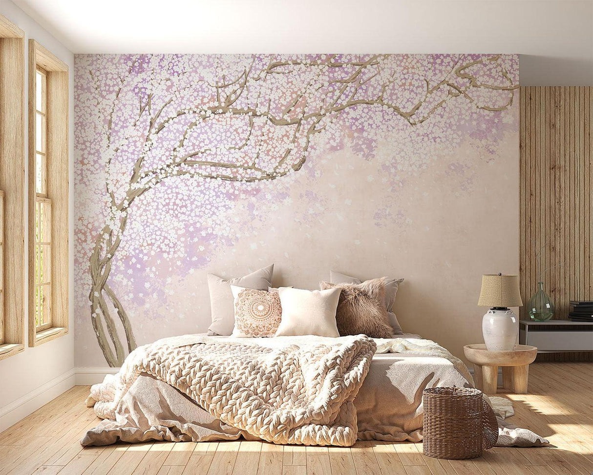 Cherry blossom wallpaper creates a peaceful bedroom sanctuary with soft pink and lavender blooms