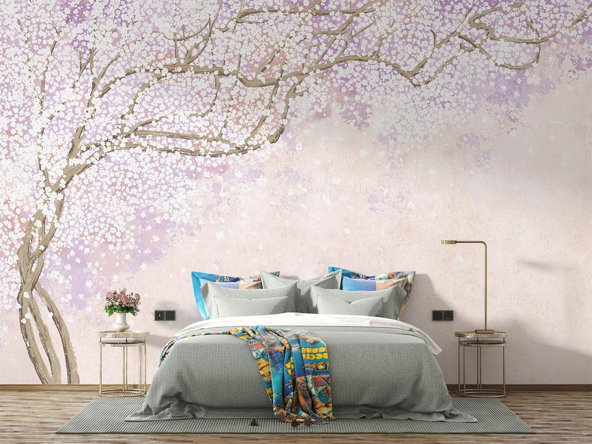 Japanese cherry blossom mural transforms a modern living room with delicate branches