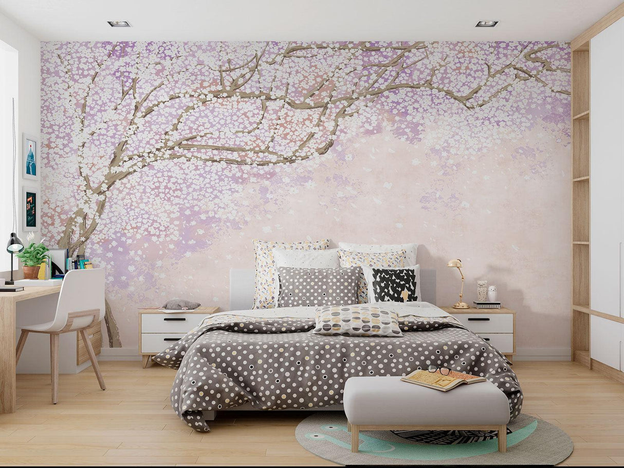 Cherry blossom wall mural creates a zen home office atmosphere
