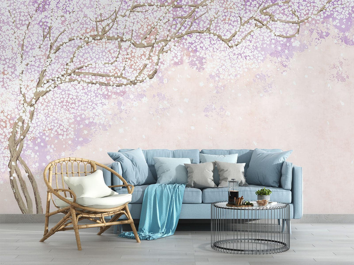 Pink cherry blossom mural adds romance to a master bedroom