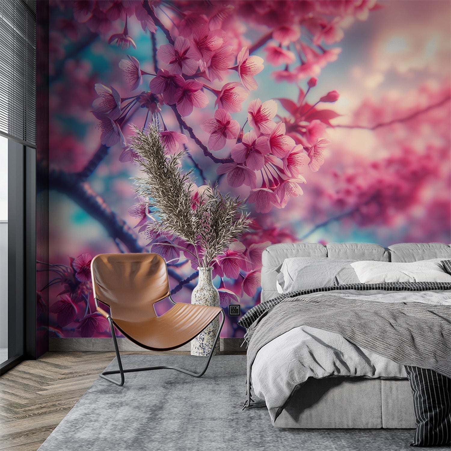 Cherry blossom wallpaper creating a serene atmosphere in a modern bedroom, pink petals dancing across turquoise walls