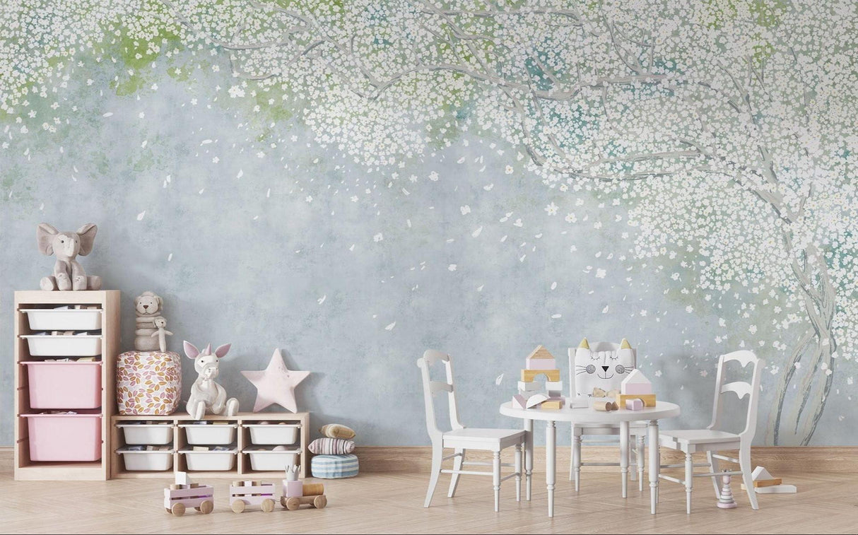 Grey cherry blossom mural in cozy living room with natural light