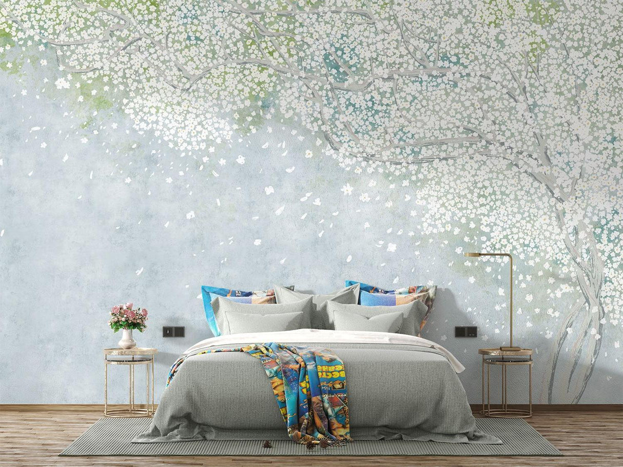 Japanese-inspired cherry blossom wallpaper in home office space
