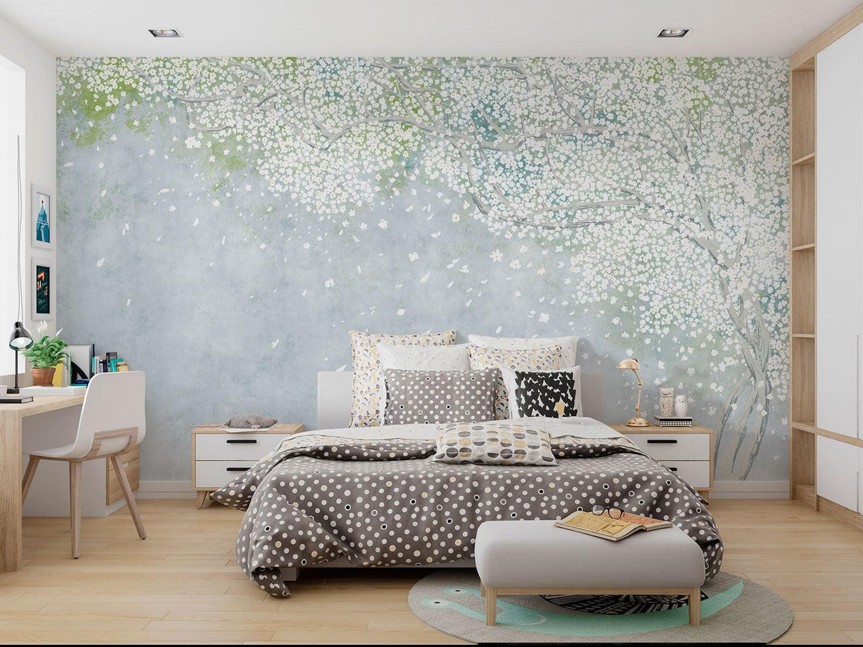 Floral wall mural with cherry blossoms in nursery setting