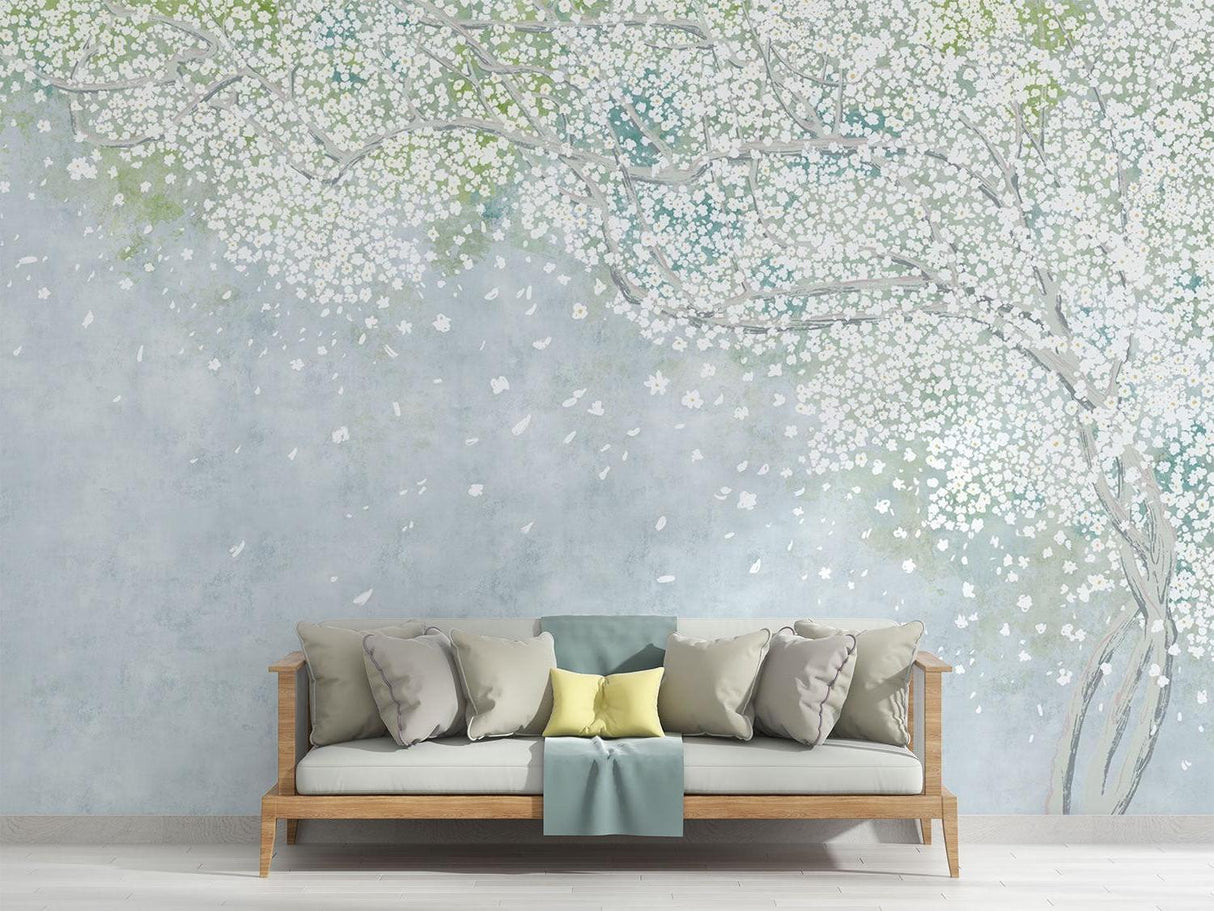 Cherry blossom mural creating calm atmosphere in meditation room
