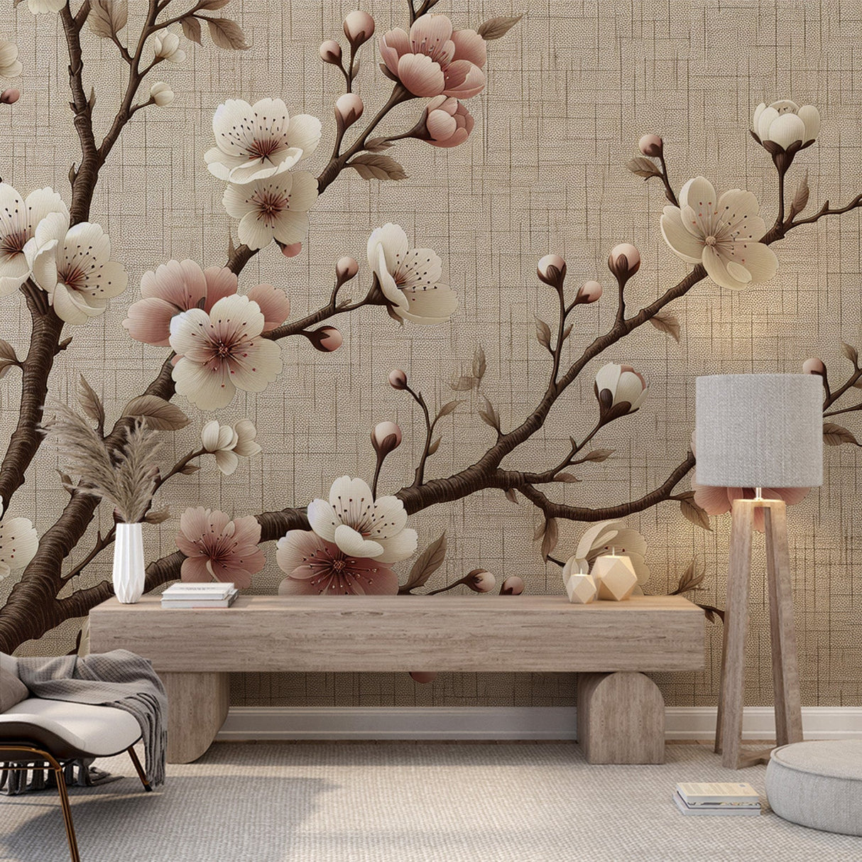 Cherry blossom wall mural creating a peaceful atmosphere in a modern living room with beige and pink floral design