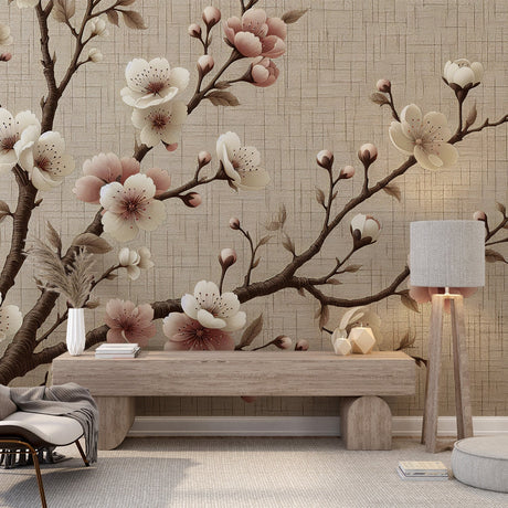 Cherry blossom wall mural creating a peaceful atmosphere in a modern living room with beige and pink floral design
