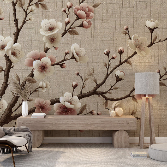Cherry blossom wall mural creating a peaceful atmosphere in a modern living room with beige and pink floral design