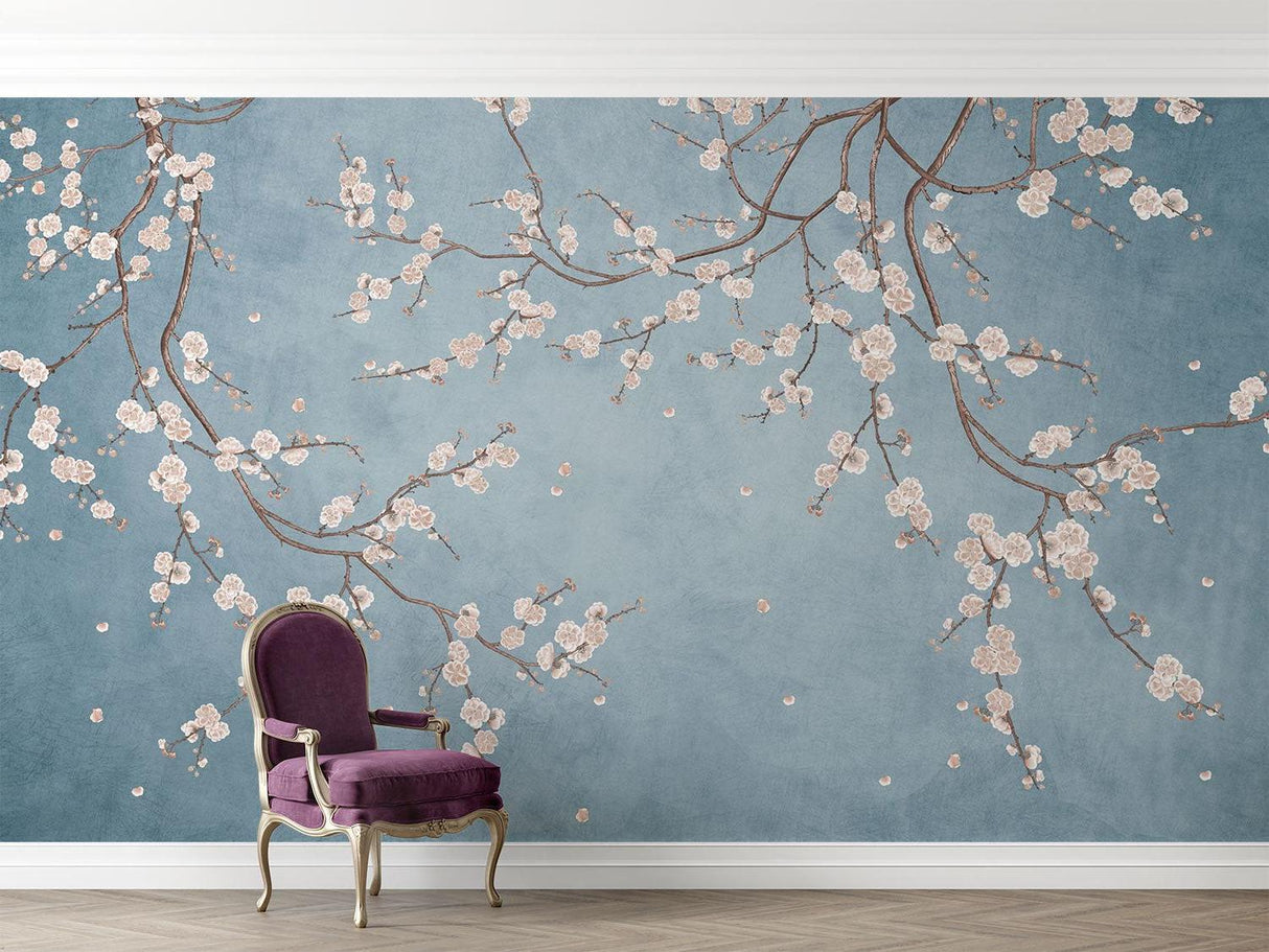 Cherry blossom wall mural making a statement in a dining room