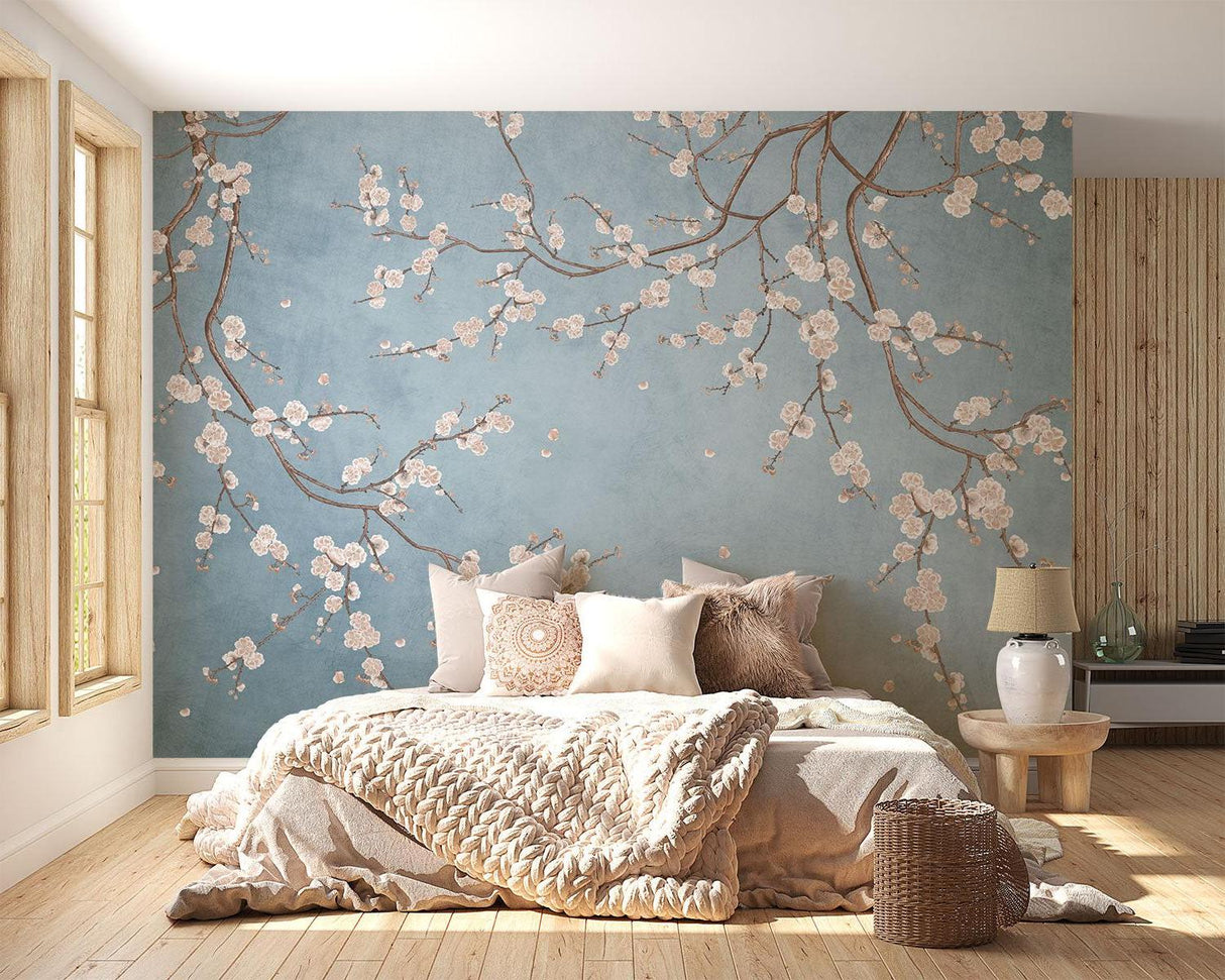 Pink cherry blossom design creating calm in an entrance hall