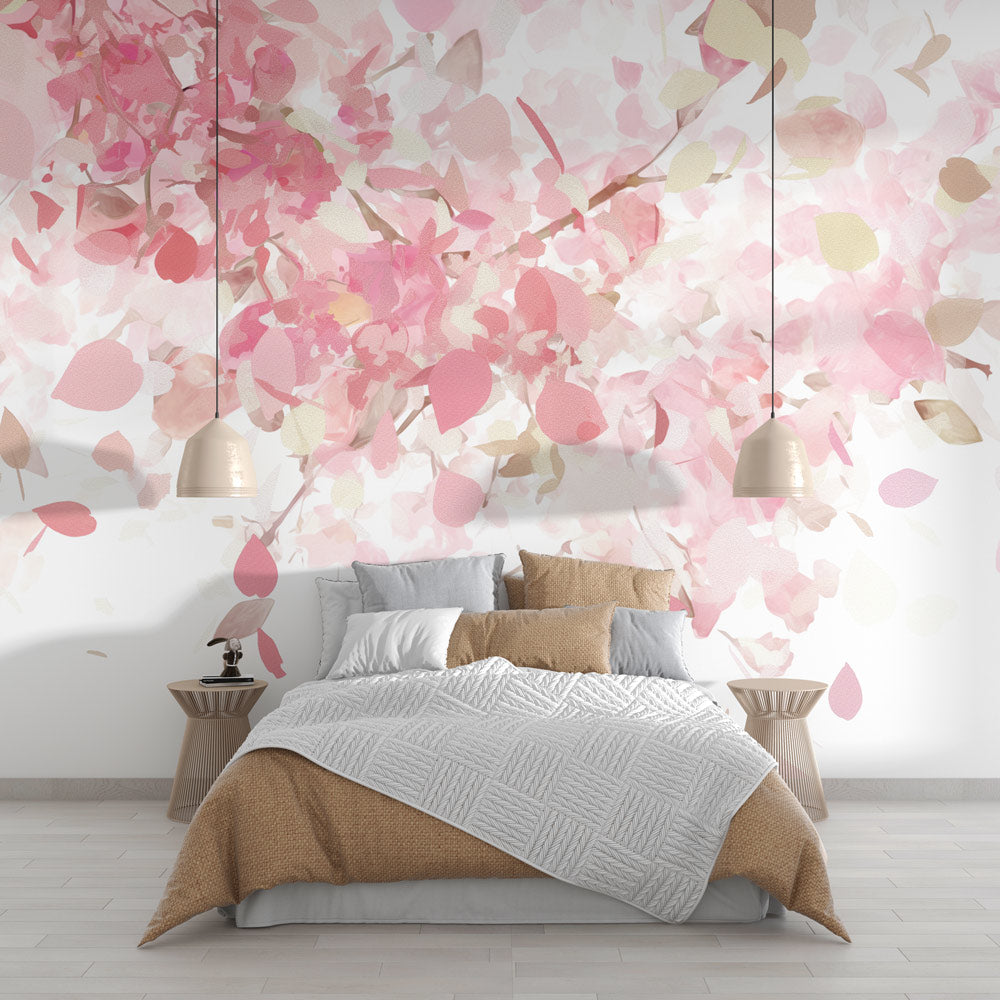Cherry blossom wallpaper in modern bedroom showing floating pink petals creating a peaceful sanctuary