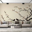 Japanese Cherry Blossom wallpaper creating a zen atmosphere in a modern bedroom with natural light