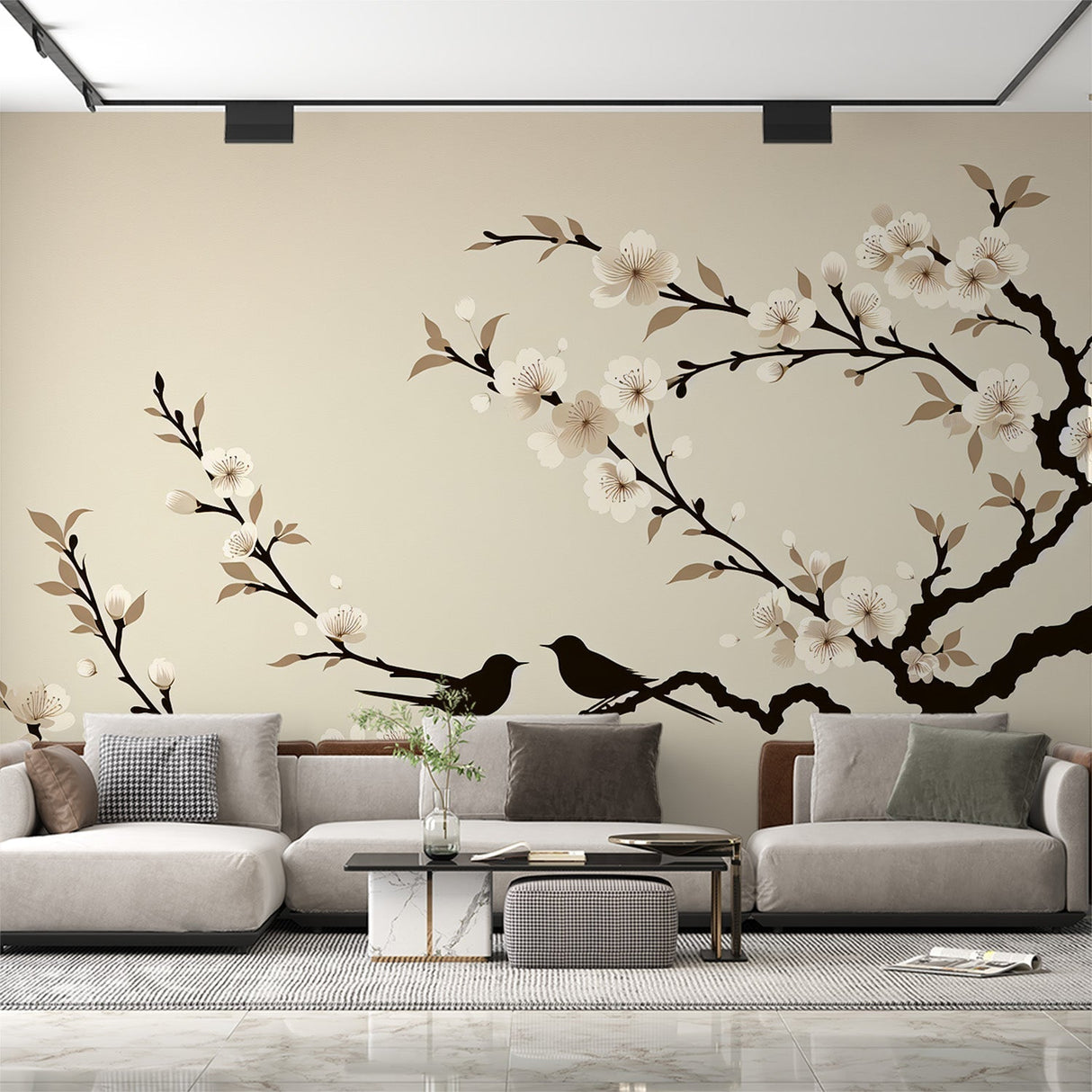 Japanese Cherry Blossom wallpaper creating a zen atmosphere in a modern bedroom with natural light