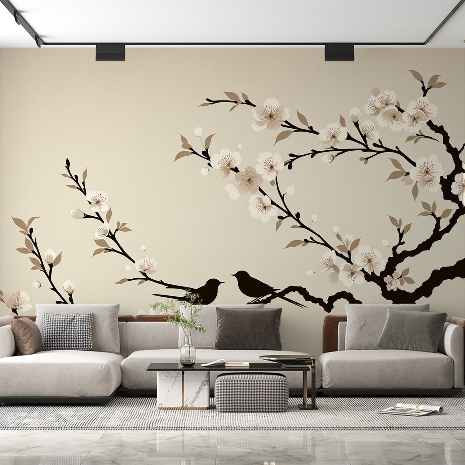 Japanese Cherry Blossom wallpaper creating a zen atmosphere in a modern bedroom with natural light