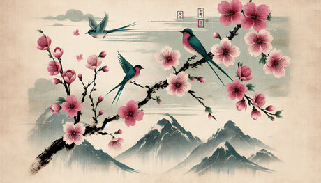 Cherry blossom wall mural design file showing detailed pink blooms, teal birds and misty mountains