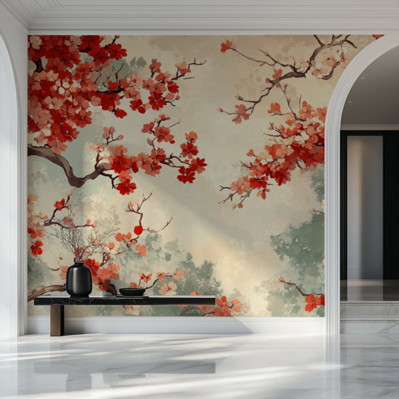Japanese floral mural bringing zen style to a minimalist bedroom with beige tones