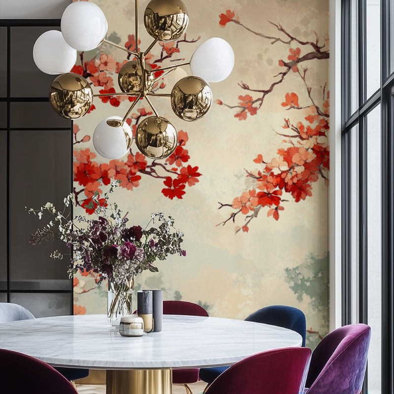 Sakura wall mural adding elegance to a contemporary dining room setting