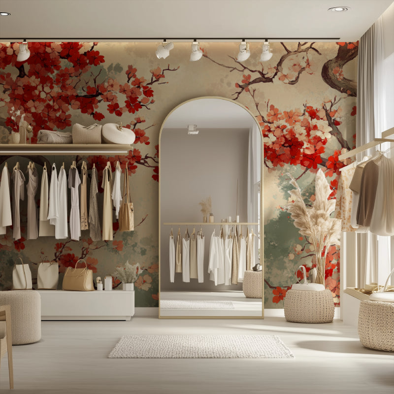 Red cherry blossom wallpaper transforming a home office with Japanese inspiration
