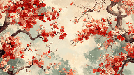 Cherry blossom wallpaper design file showing detailed red sakura pattern on beige background
