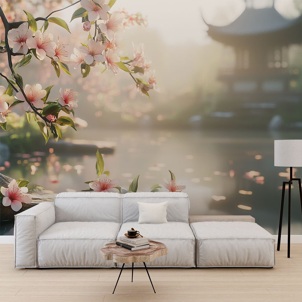 Cherry blossom wallpaper creating a calm atmosphere in a modern living room with soft morning light filtering through windows